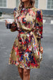 Printed Tie Waist Mock Neck Lantern Sleeve Dress -BazaarBey - www.shopbazaarbey.com