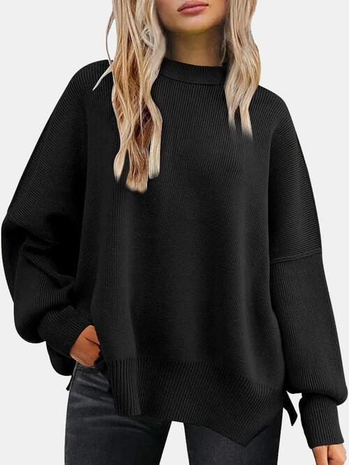 Round Neck Drop Shoulder Slit Sweater Bazaarbey