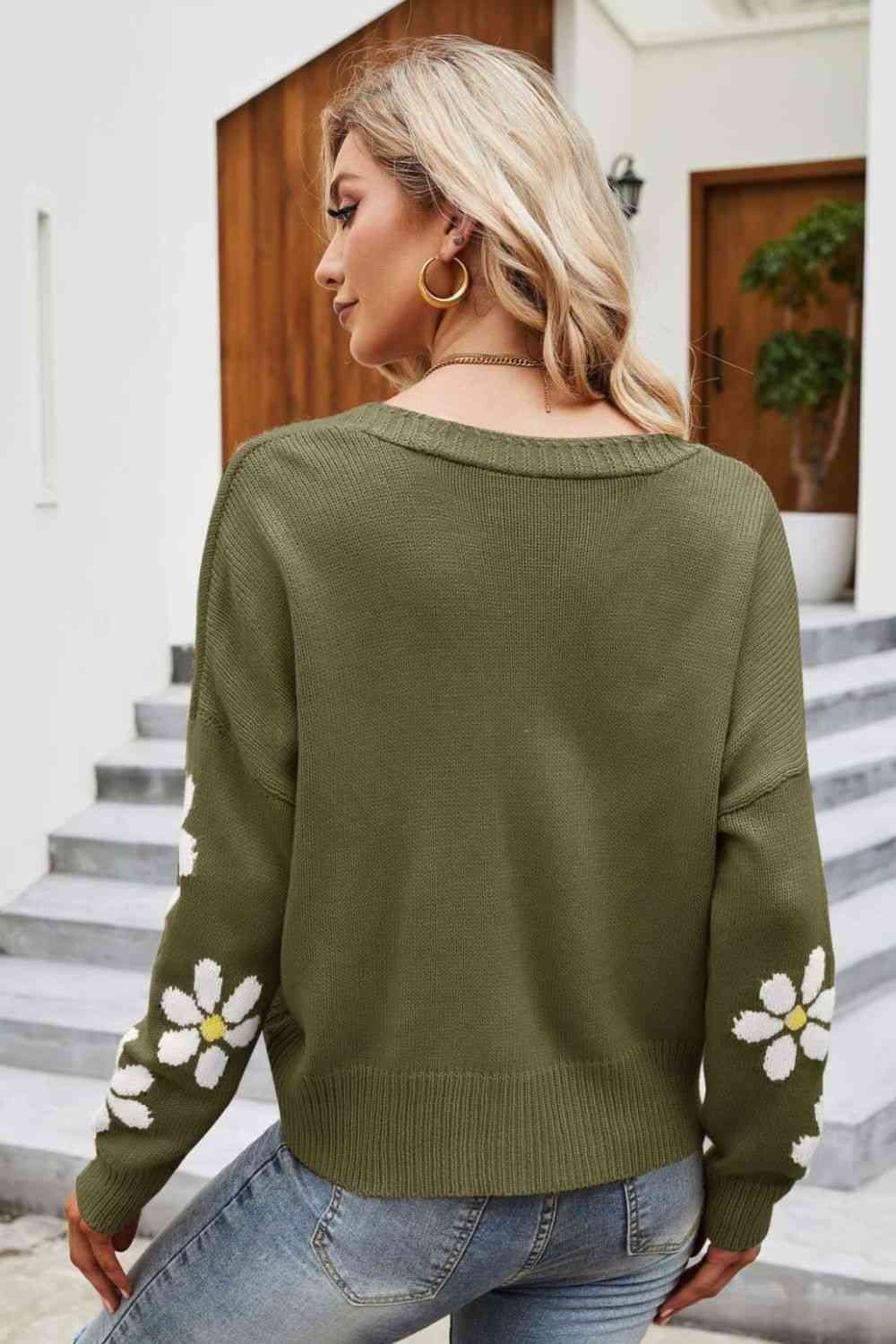 Floral Ribbed Trim Drop Shoulder Cardigan Trendsi