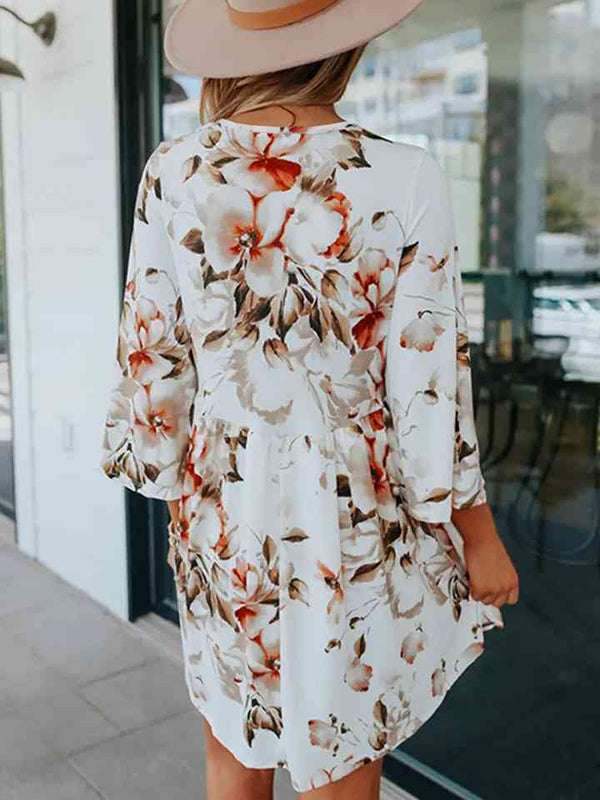 Floral V-Neck Three-Quarter Sleeve Dress -BazaarBey - www.shopbazaarbey.com