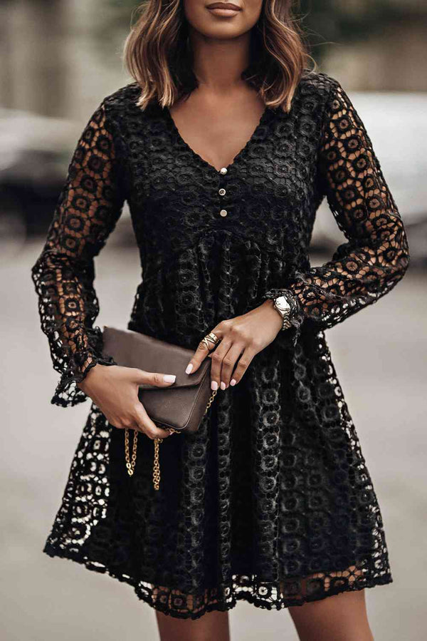 Buttoned Empire Waist Lace Dress Bazaarbey