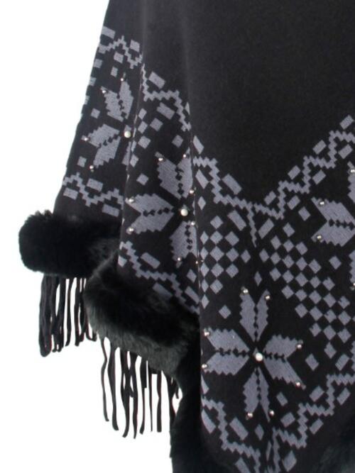 Fringe Geometric Cape Sleeve Poncho Bazaarbey