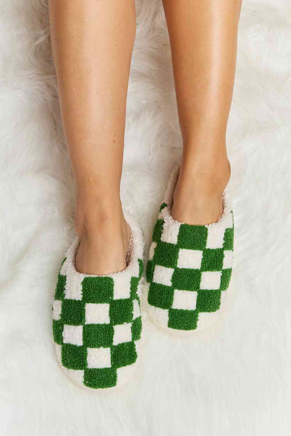 dy Checkered Print Plush Slide Slippers Trendsi