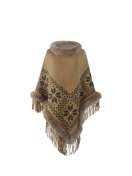 Fringe Geometric Cape Sleeve Poncho Bazaarbey