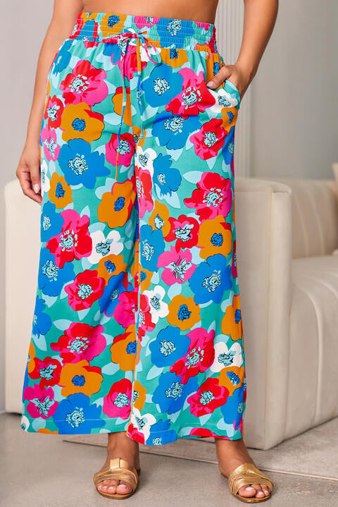  Floral Drawstring Wide Leg Pants with Pockets Bazaarbey