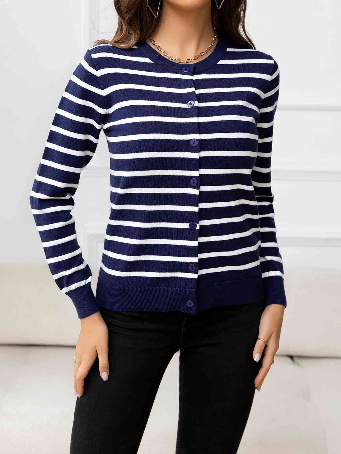 Striped Round Neck Long Sleeve Buttoned Knit Top Trendsi