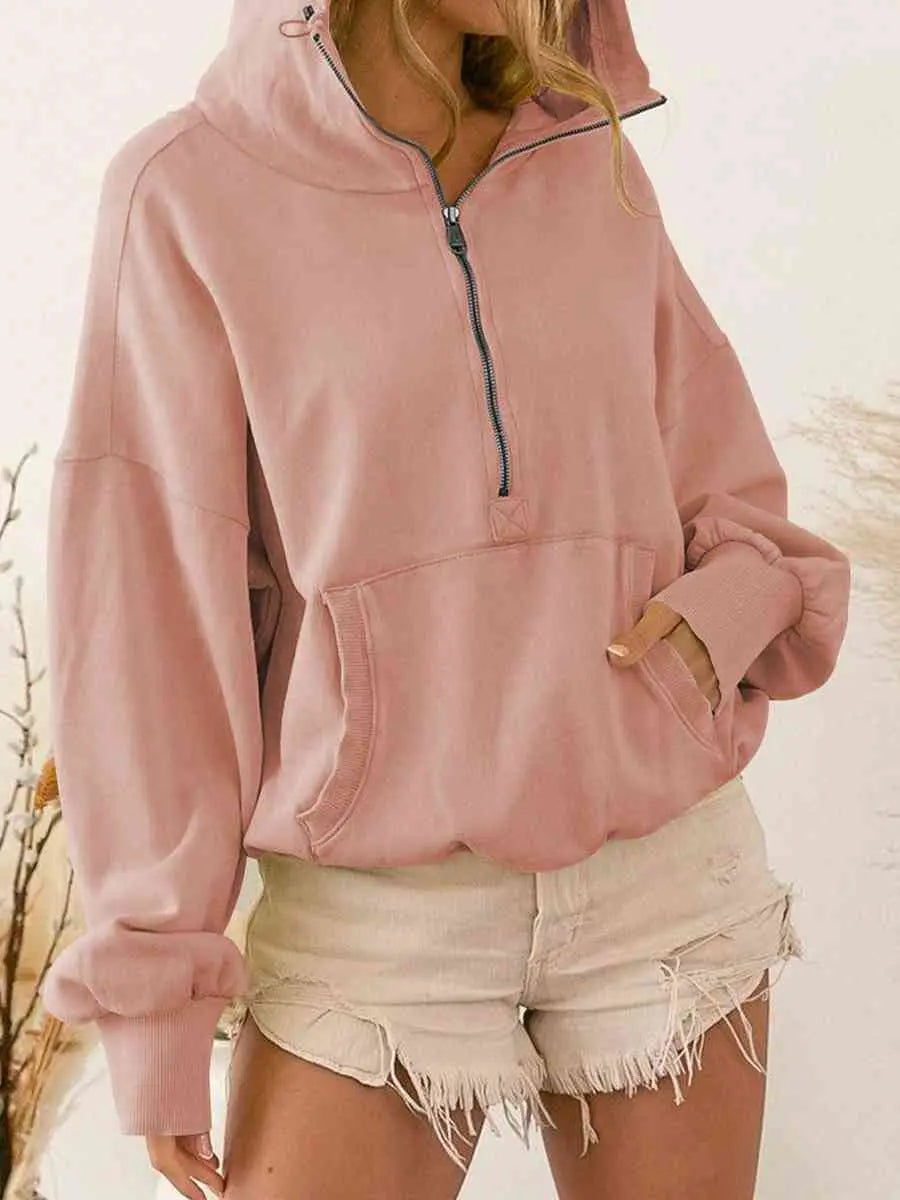 Zip-Up Dropped Shoulder Hoodie Trendsi