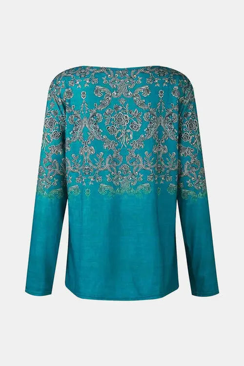 Printed Notched Long Sleeve T-Shirt Trendsi