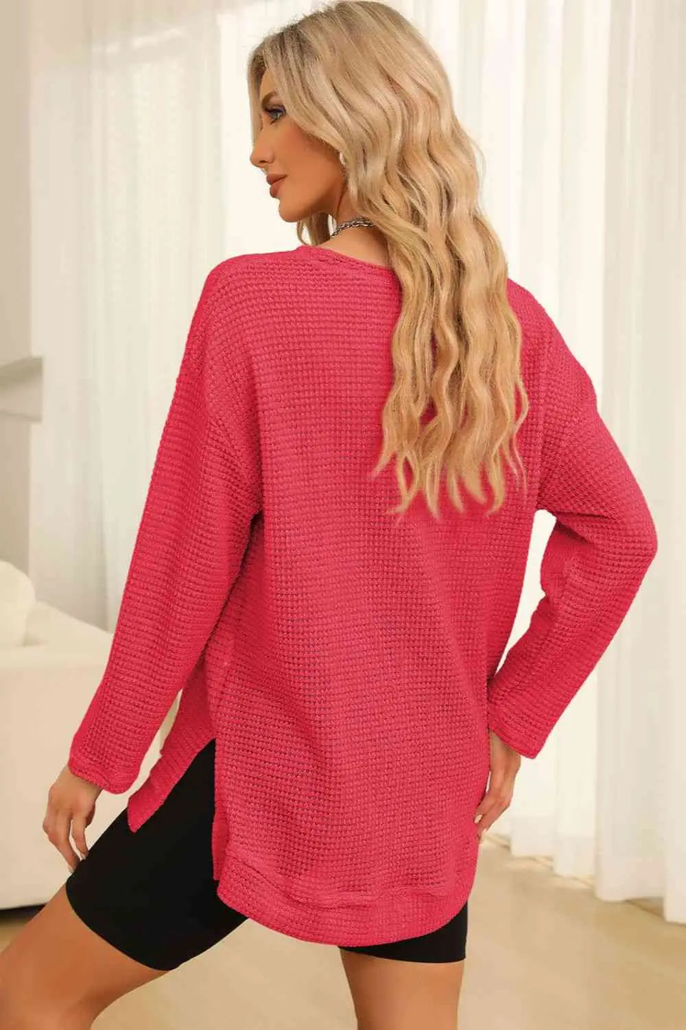 Waffle-Knit Round Neck Long Sleeve Sweatshirt Trendsi