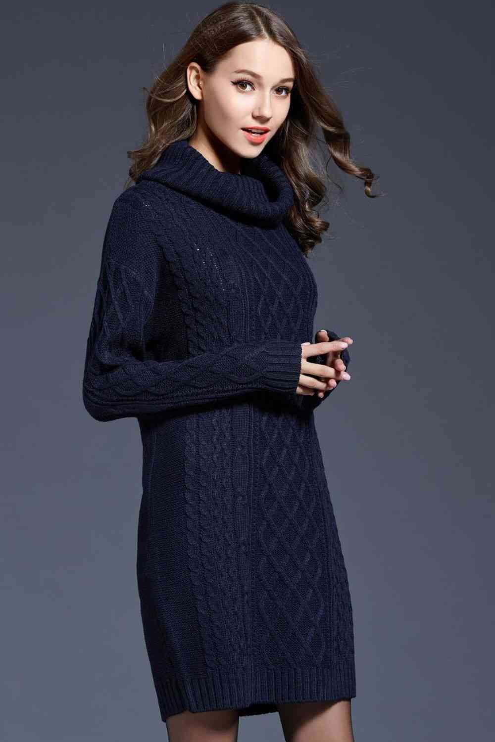 Woven Right Full Size Mixed Knit Cowl Neck Dropped Shoulder Sweater Dress Bazaarbey