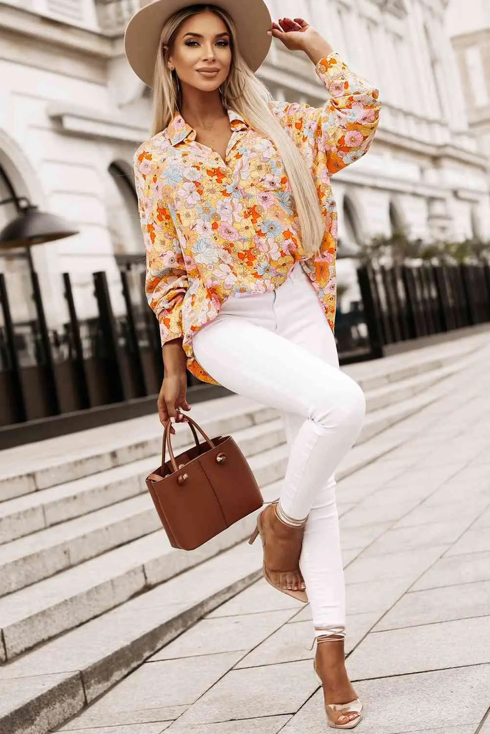 Floral Collared Neck Long Sleeve Shirt Bazaarbey