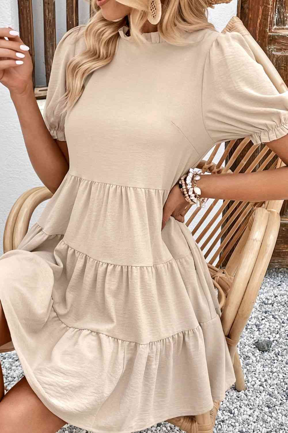 Puff Sleeve Tie Back Tiered Dress -BazaarBey - www.shopbazaarbey.com