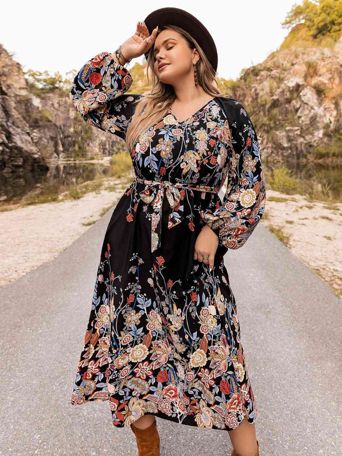 Plus Size V-Neck Long Sleeve Dress -BazaarBey - www.shopbazaarbey.com