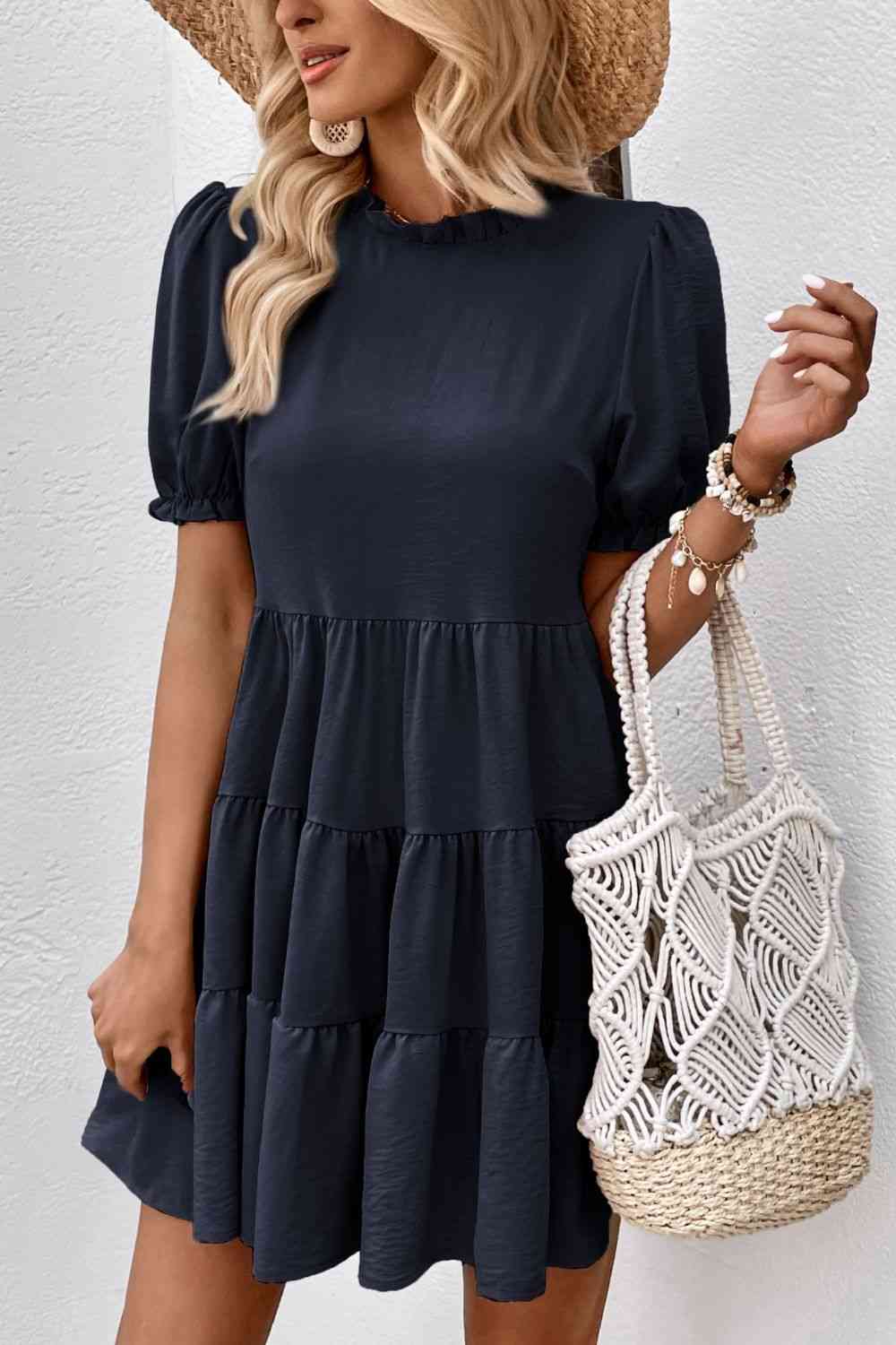 Puff Sleeve Tie Back Tiered Dress -BazaarBey - www.shopbazaarbey.com