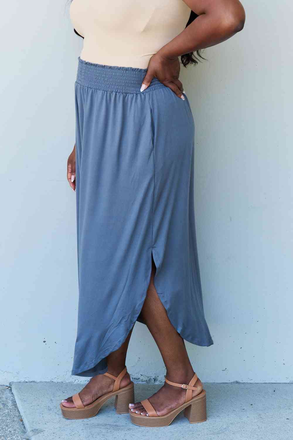  Comfort Princess Full Size High Waist Scoop Hem Maxi Skirt in Dusty Blue Trendsi