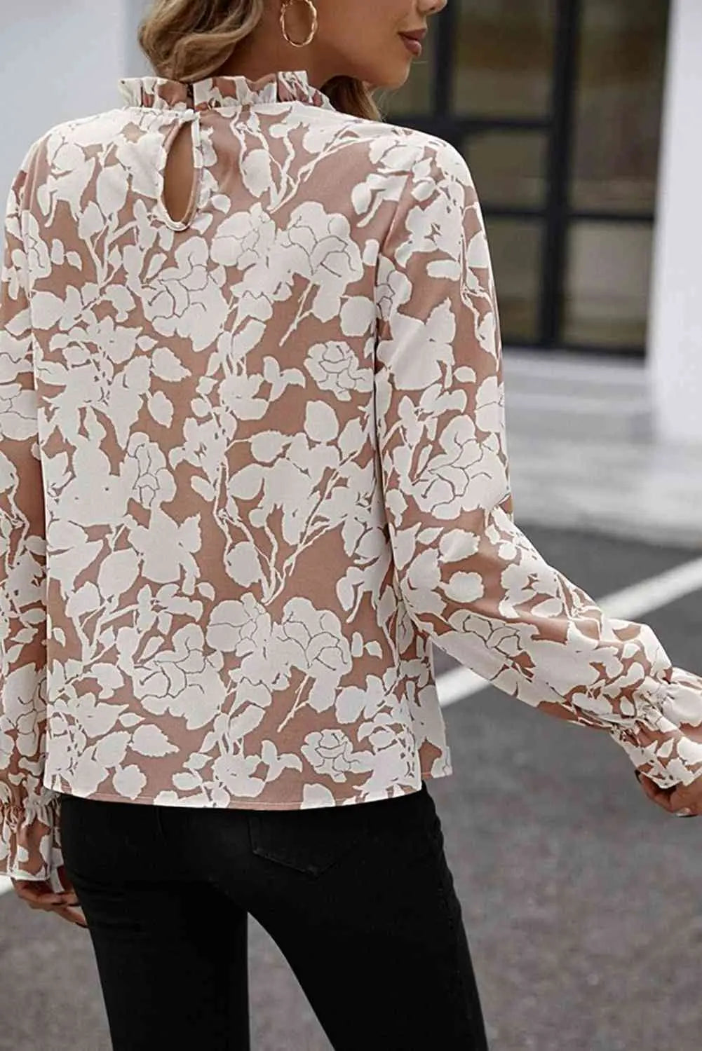 Floral Print Mock Neck Flounce Sleeve Blouse Trendsi