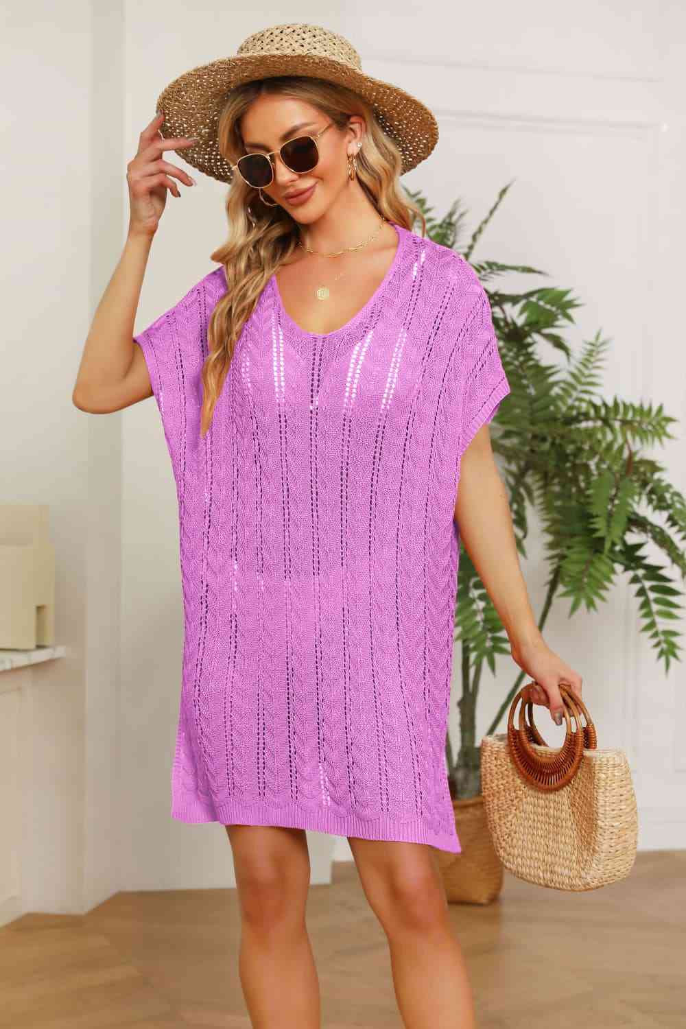 Openwork Side Slit Knit Dress Bazaarbey