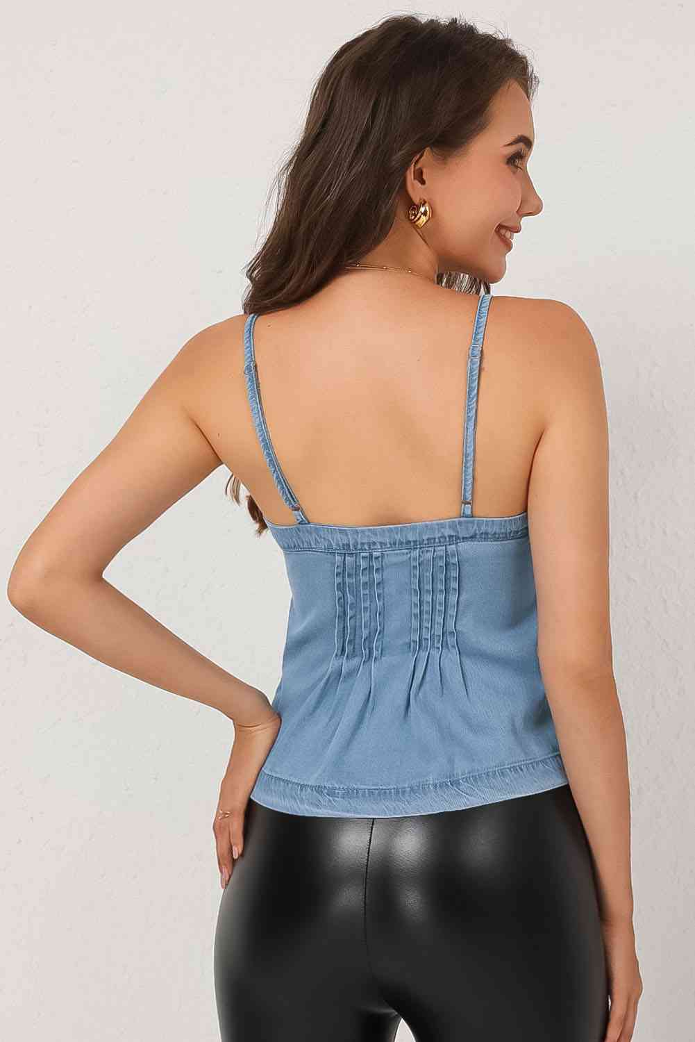 Pleated Detail Buttoned Denim Cami Bazaarbey