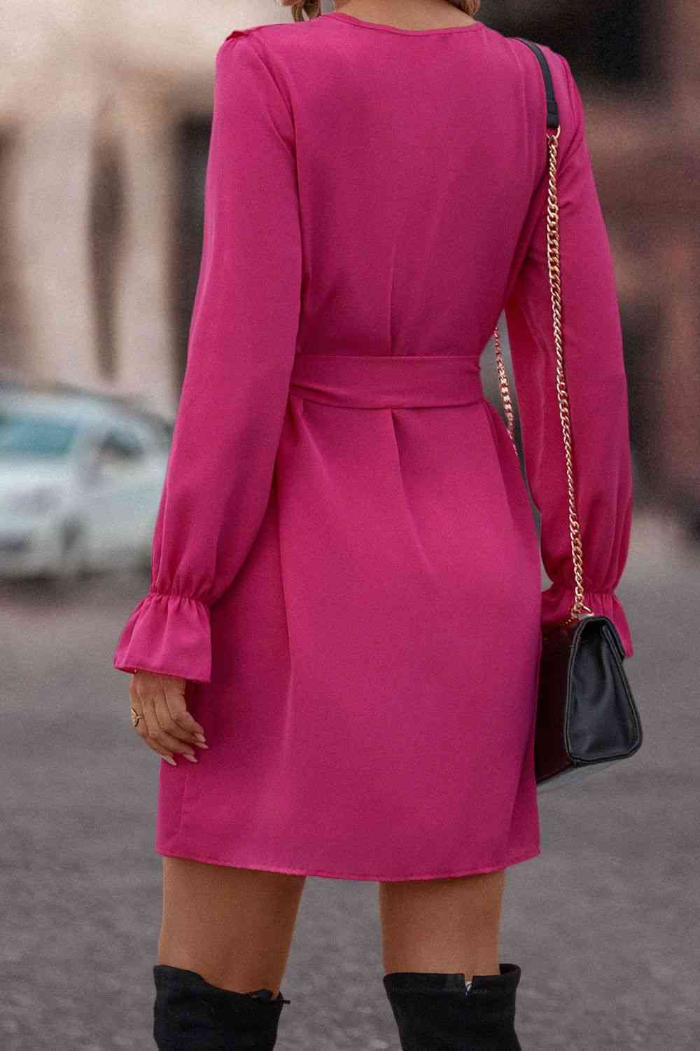 Ruffled Flounce Sleeve V-Neck Belted Dress -BazaarBey - www.shopbazaarbey.com