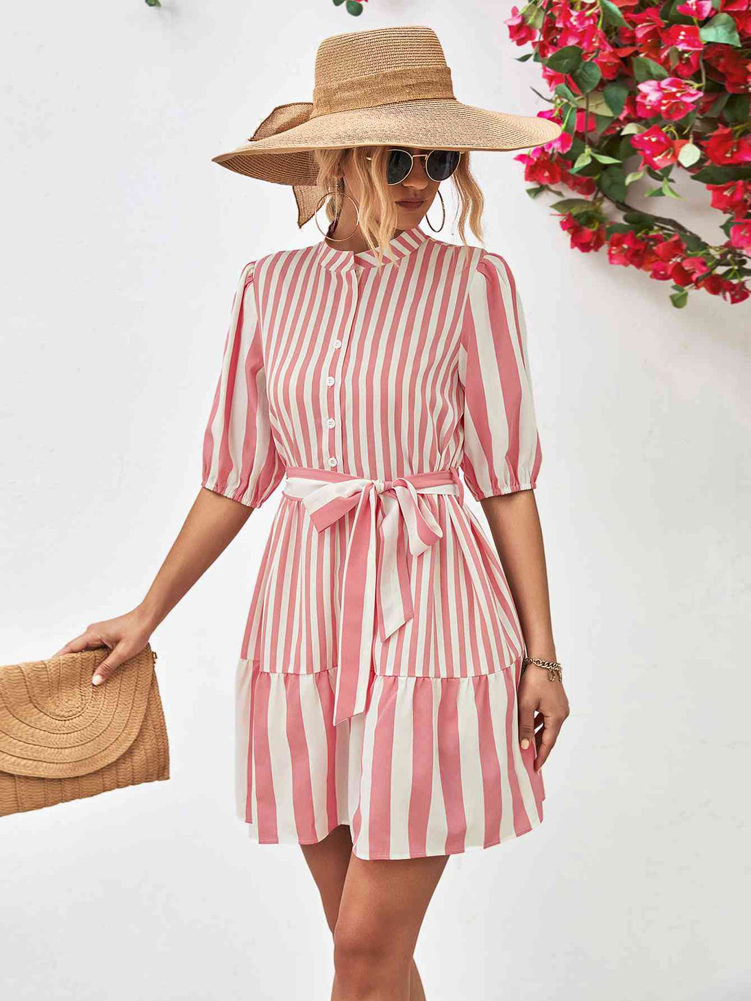 Striped Half Sleeve Tie Waist Mini Dress -BazaarBey - www.shopbazaarbey.com