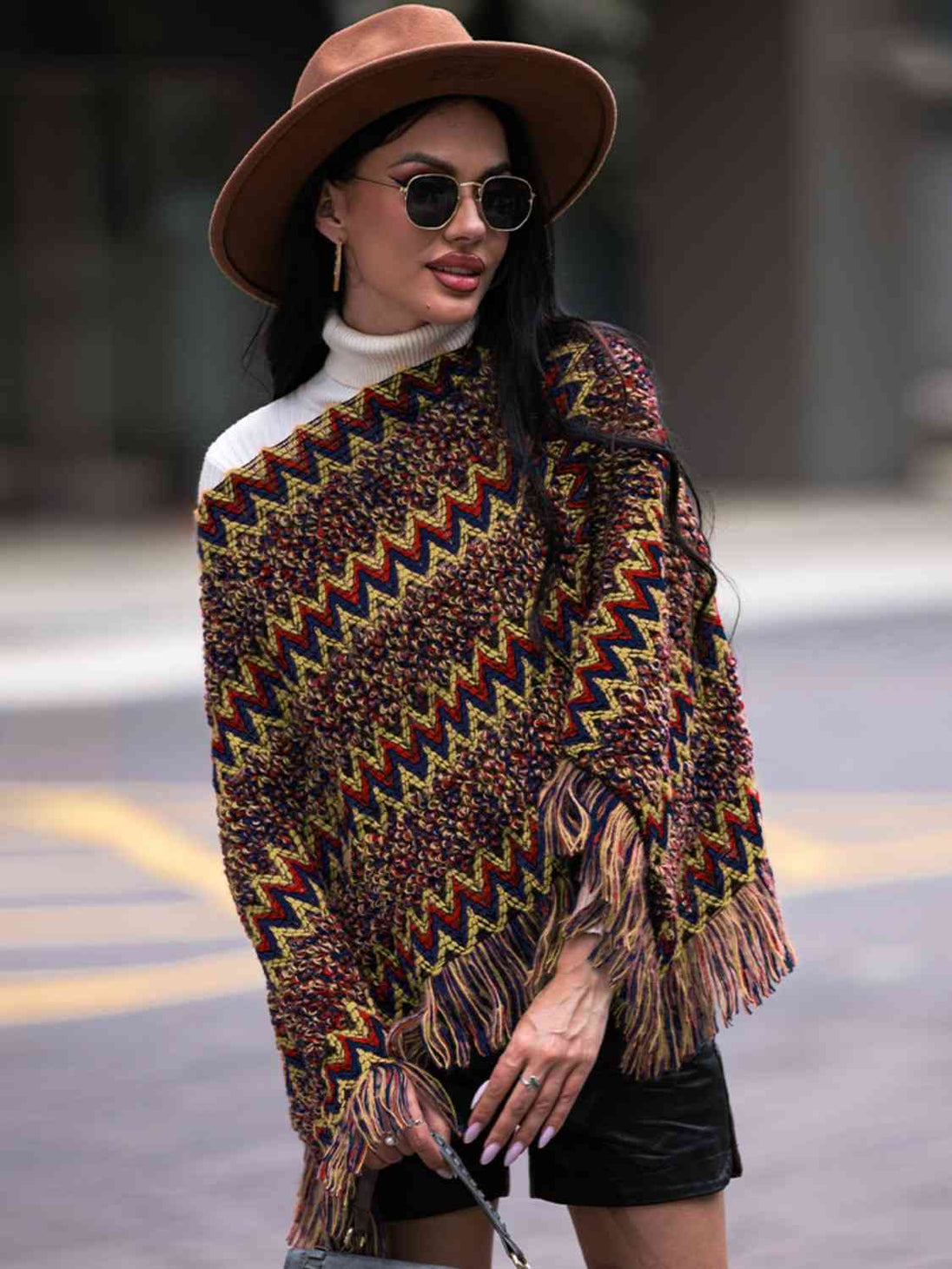 Fringe Hem Boat Neck Poncho Bazaarbey