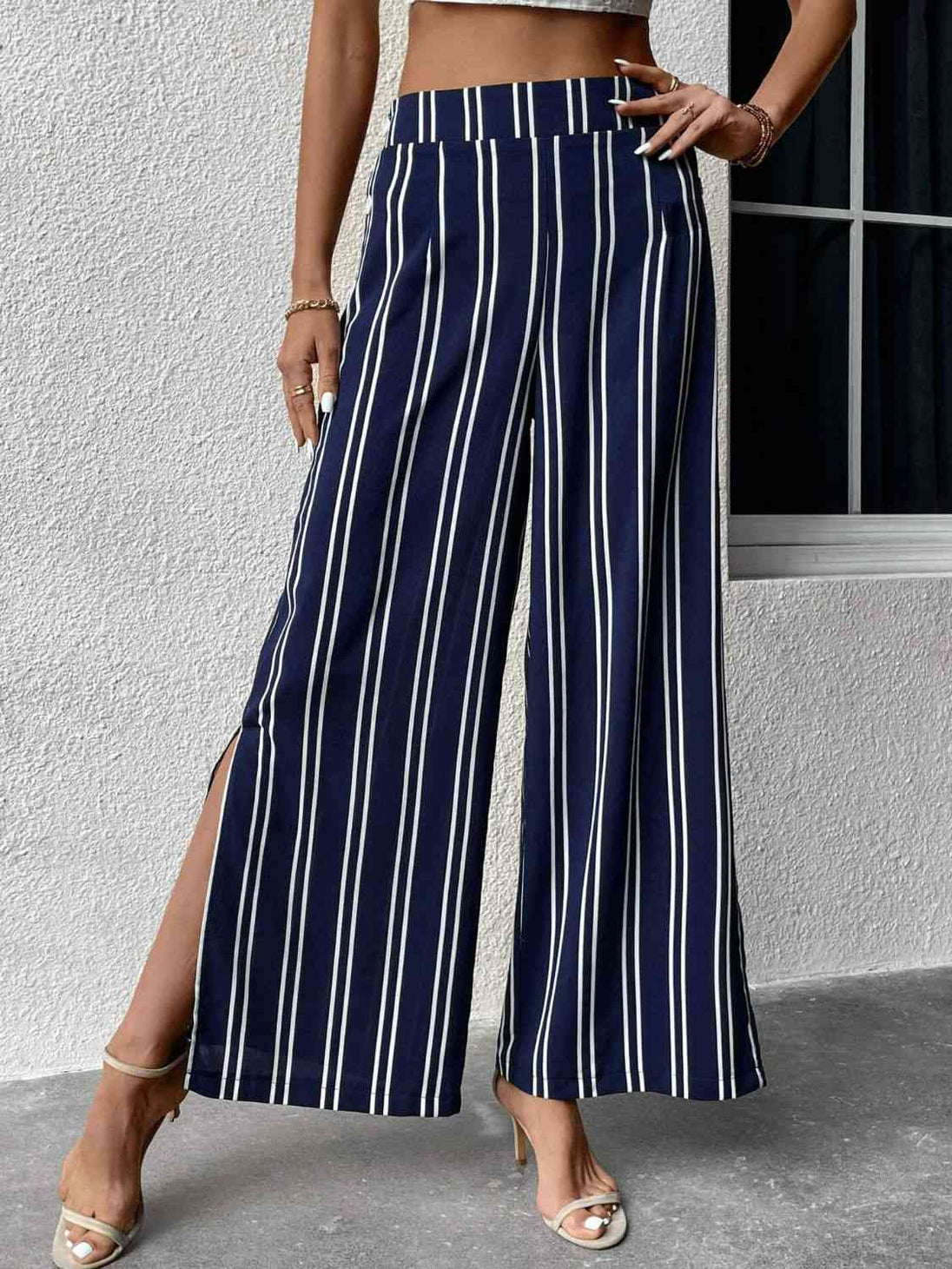 Striped Slit Wide Leg Pants Bazaarbey