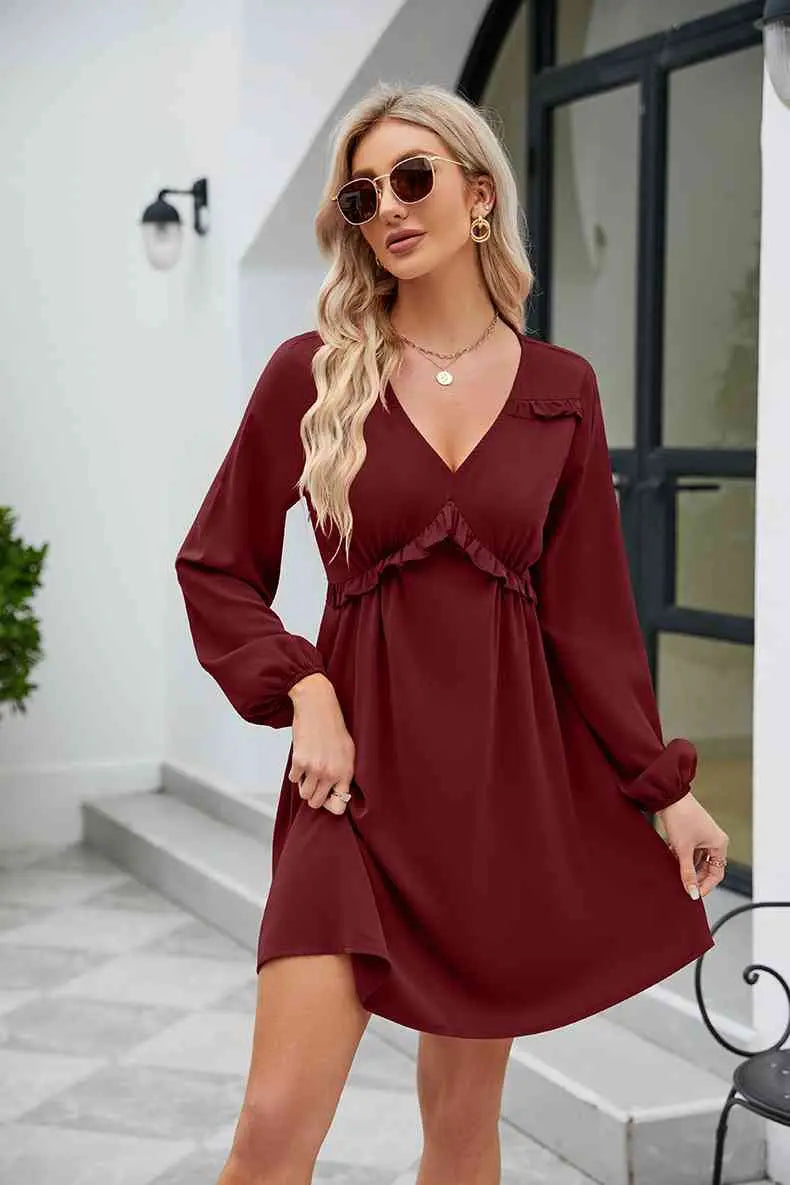 Frill Trim V-Neck Long Sleeve Dress -BazaarBey - www.shopbazaarbey.com