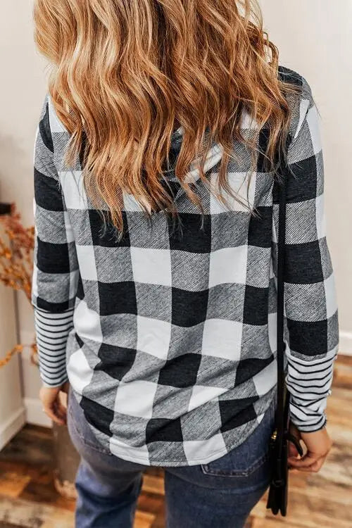 Plaid Drawstring Long Sleeve Hoodie Bazaarbey