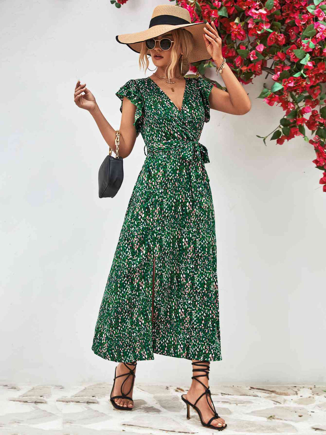 Printed  Neck Flutter Sleeve Slit Dress -BazaarBey - www.shopbazaarbey.com