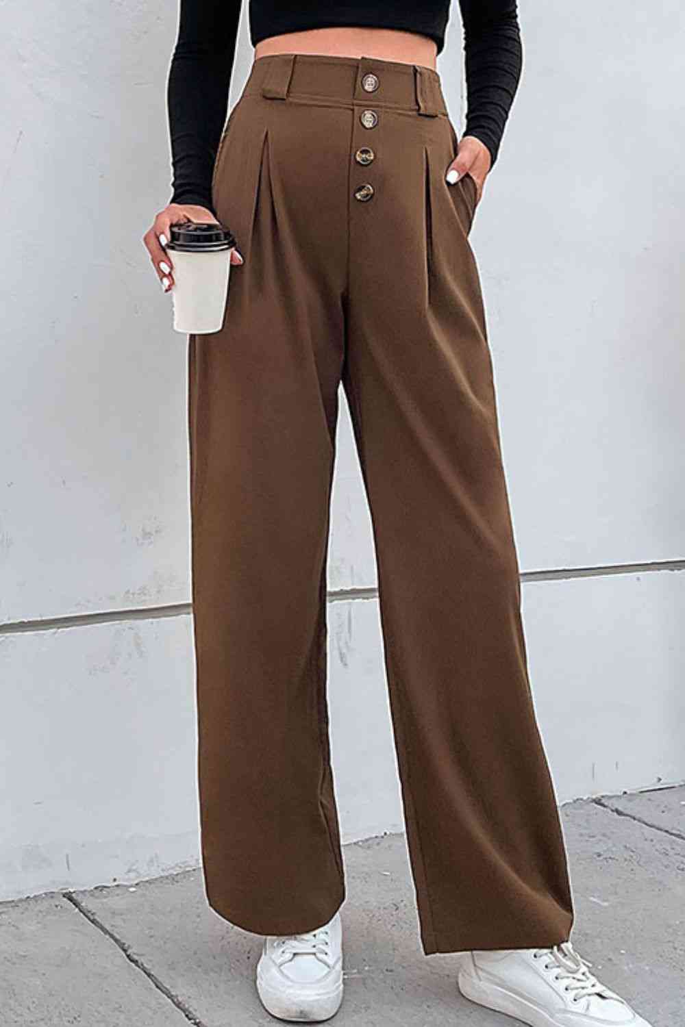 Button-Fly Pleated Waist Wide Leg Pants with Pockets Bazaarbey