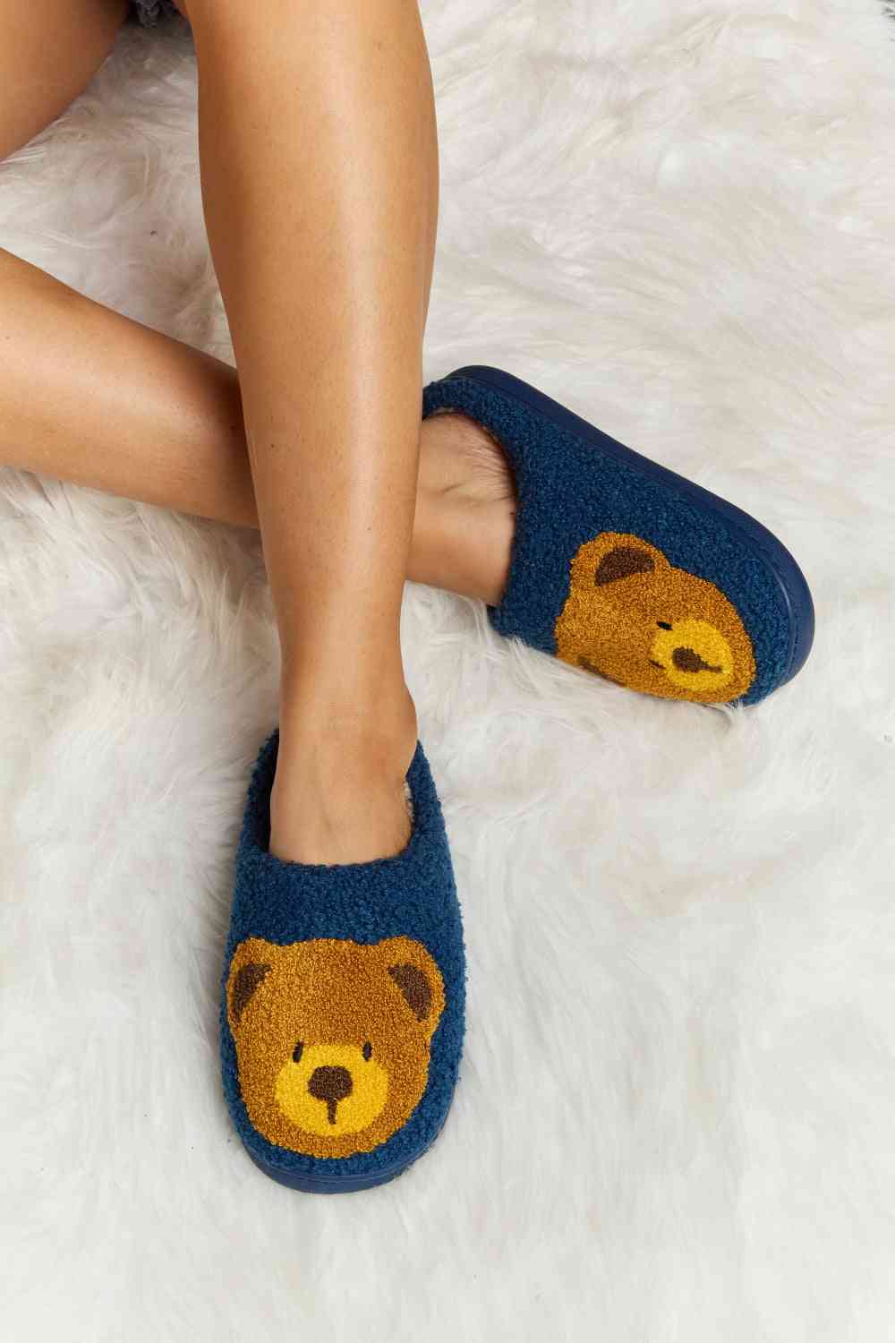 dy Teddy Bear Print Plush Slide Slippers Trendsi