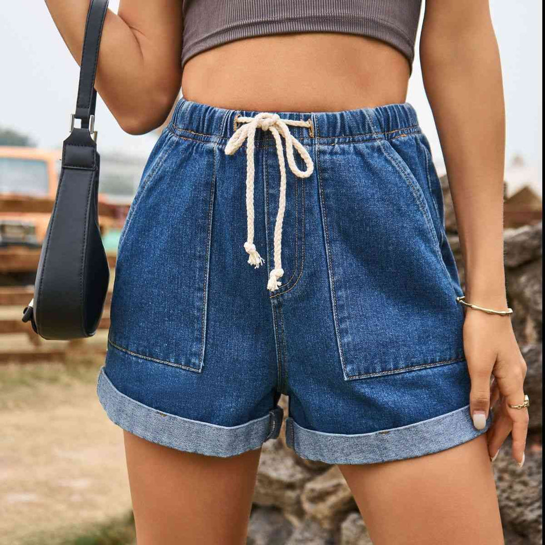 Drawstring High Waist Denim Shorts with Pockets Bazaarbey