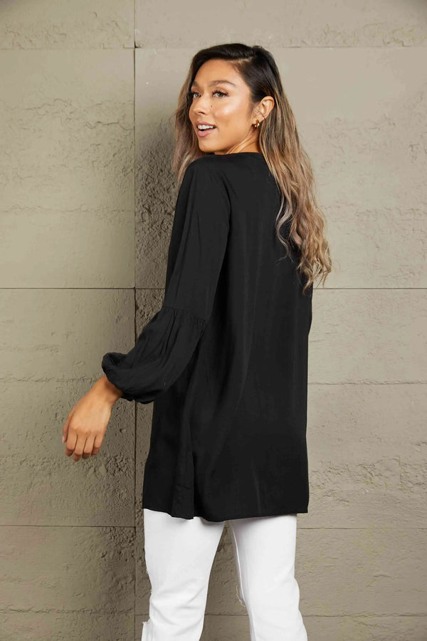  Notched Neck Balloon Sleeve Shirt Bazaarbey