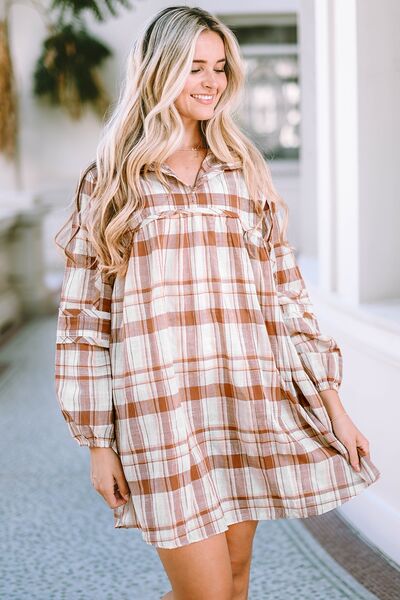 Plaid Long Sleeve Babydoll Mini Dress -BazaarBey - www.shopbazaarbey.com