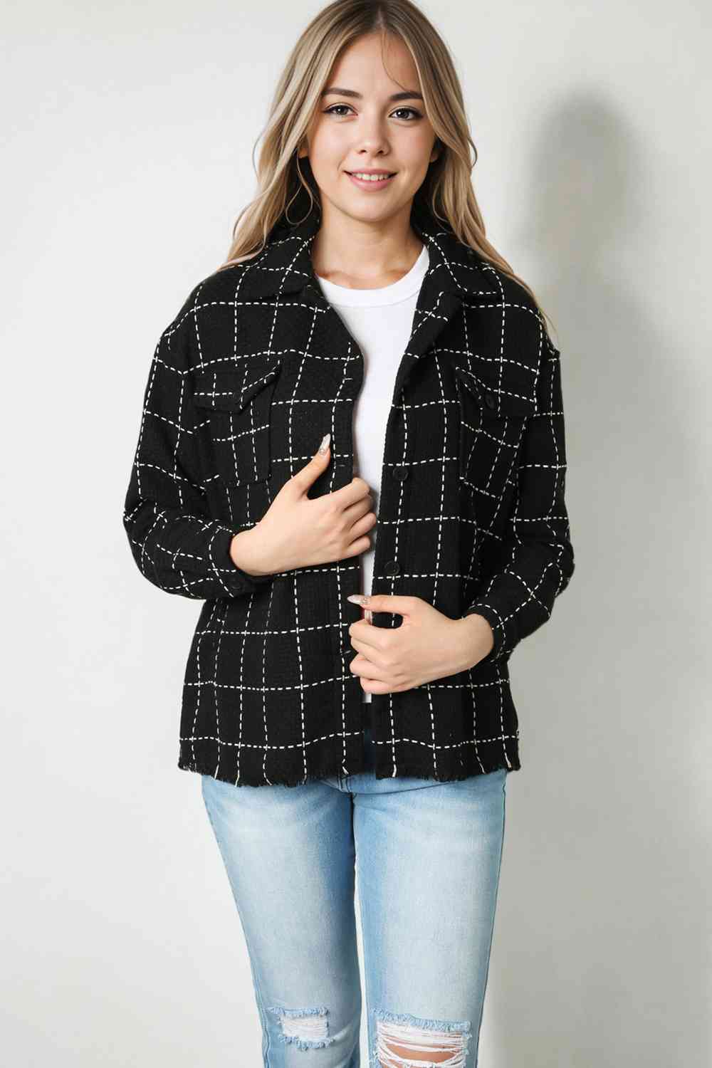 Plaid Raw Hem Jacket with Pockets Trendsi