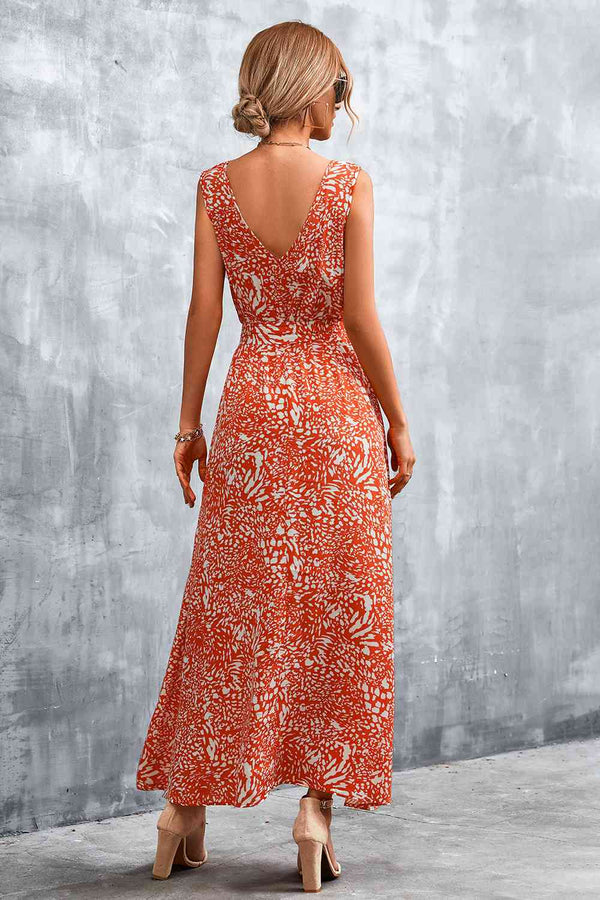 Printed V-Neck Tie Waist Maxi Dress Bazaarbey