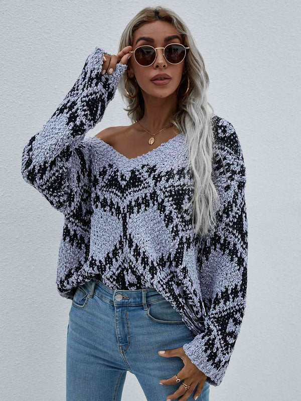 BazaarBey Geometric Print Chunky Knit Distressed Sweater 