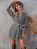 Belted Surplice Lantern Sleeve Wrap Sweater Dress Bazaarbey