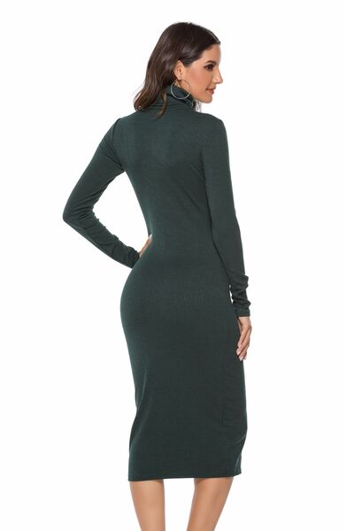 Ribbed Turtleneck Long Sleeve Dress -BazaarBey - www.shopbazaarbey.com