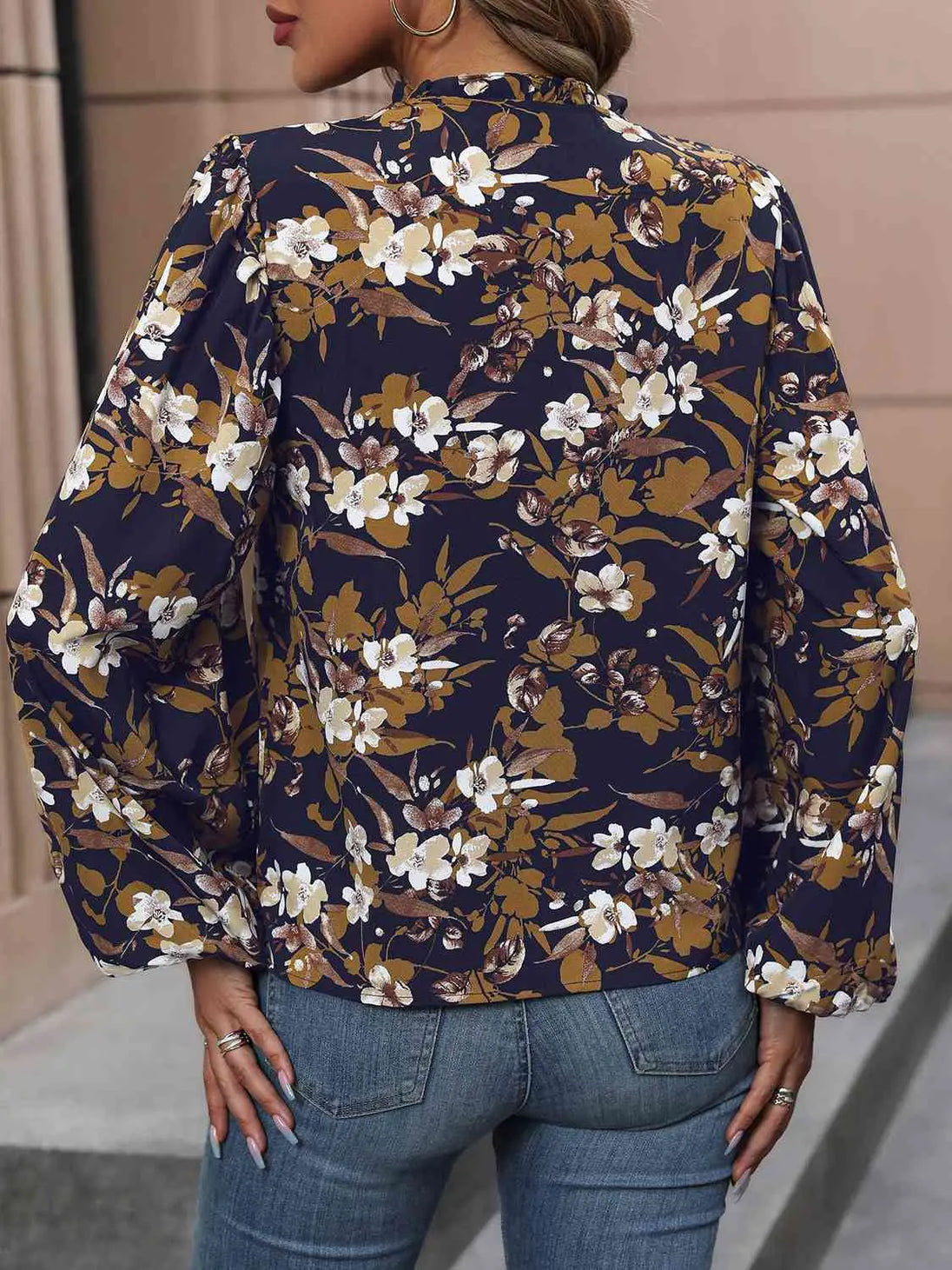 Floral Notched Balloon Sleeve Blouse Bazaarbey