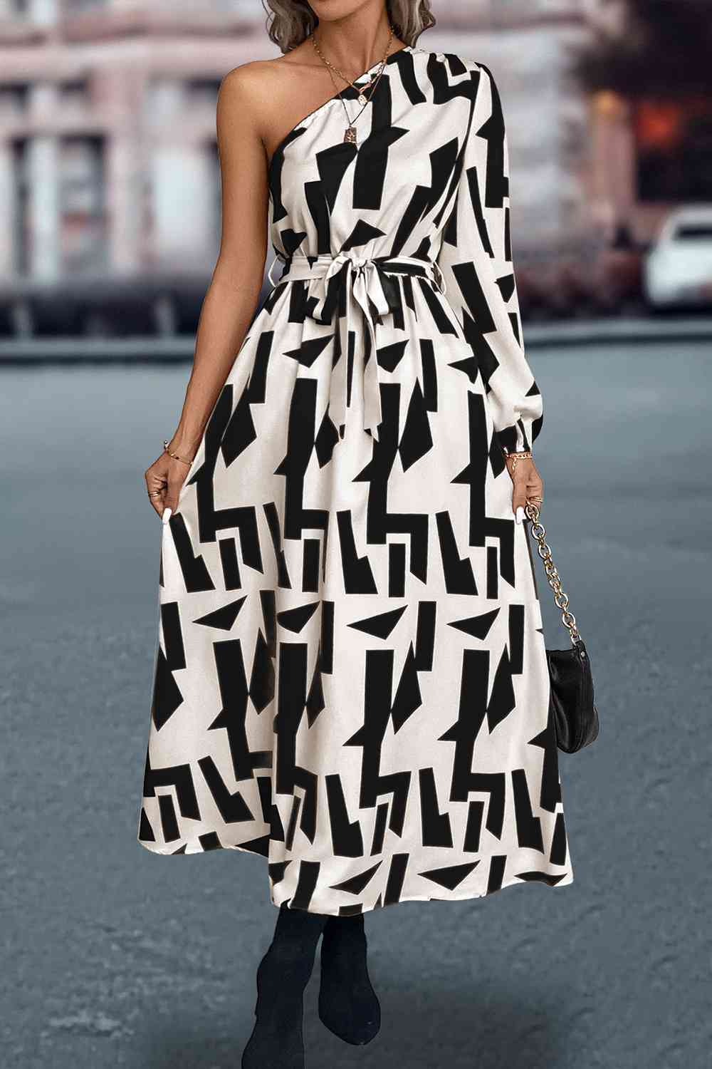 Printed One-Shoulder Tie Waist Dress -BazaarBey - www.shopbazaarbey.com