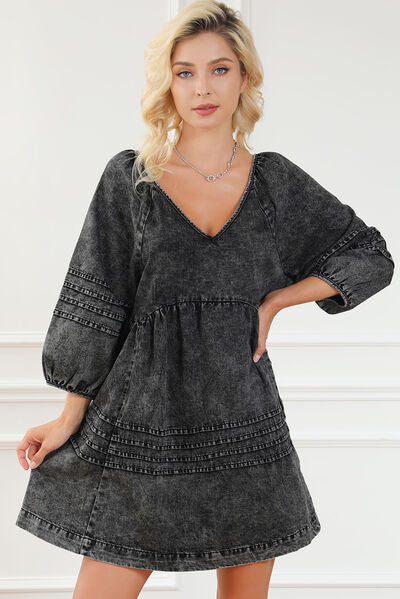 V-Neck Tie Back Mini Denim Dress Bazaarbey