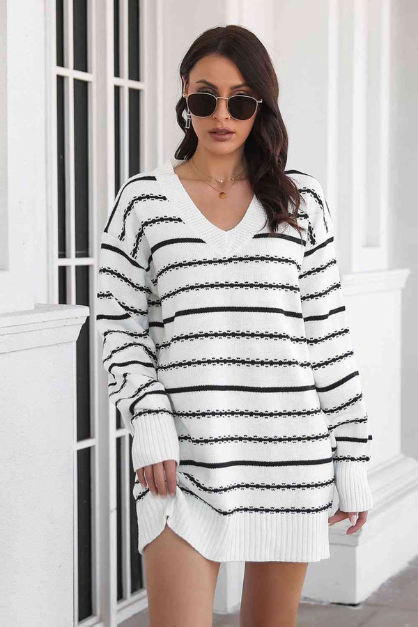 Striped V-Neck Sweater Dress Bazaarbey