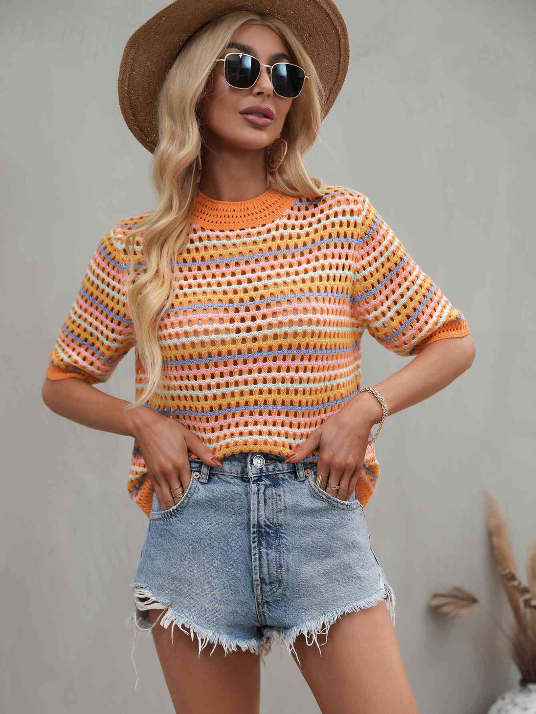 Striped  Half Sleeve Knit Top Trendsi