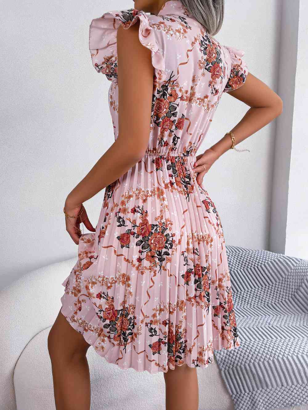 Pleated Floral Printed Tie Neck Knee Length Dress -BazaarBey - www.shopbazaarbey.com