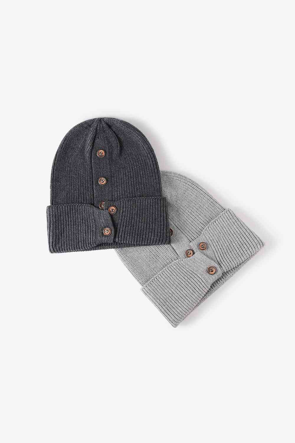 Button Detail Rib-Knit Cuff Beanie Trendsi