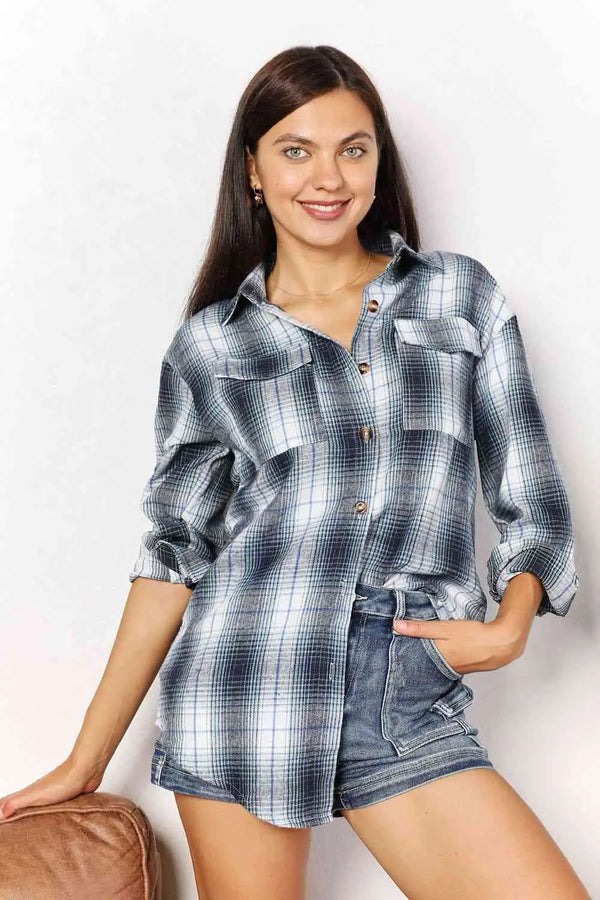  Plaid Dropped Shoulder Shirt Trendsi