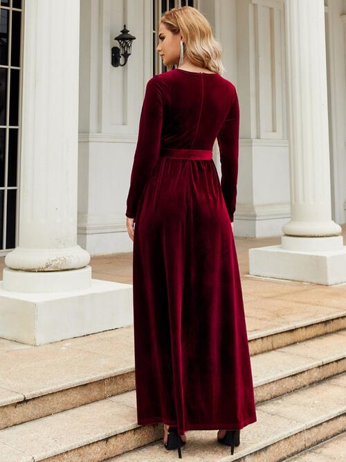 Tie Front Round Neck Long Sleeve Maxi Dress Bazaarbey