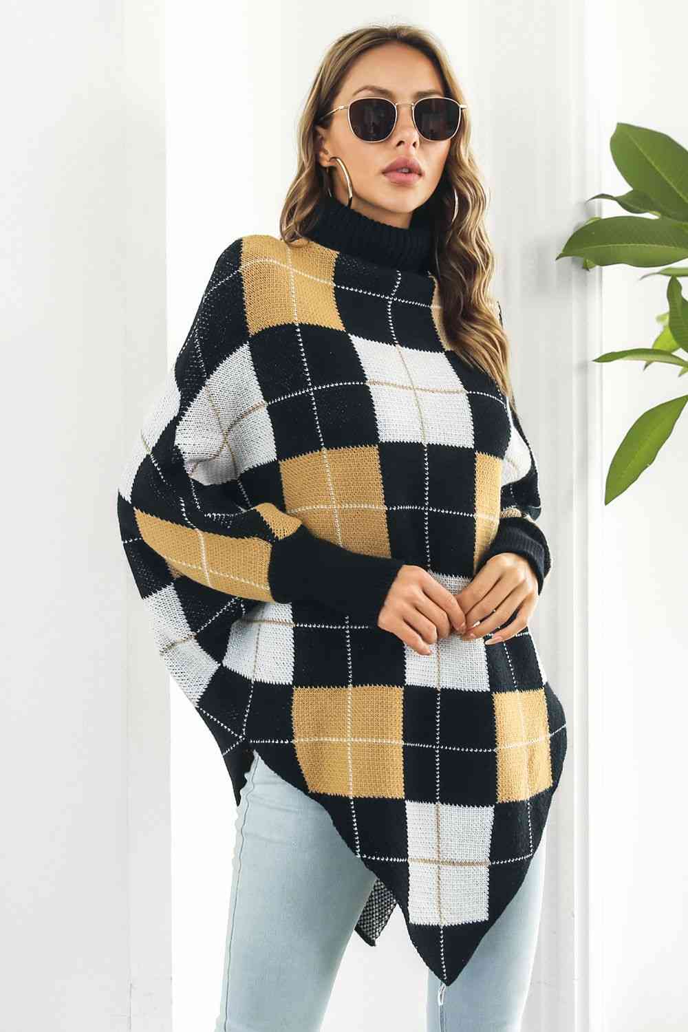 Plaid Turtleneck Dolman Sleeve Poncho Bazaarbey