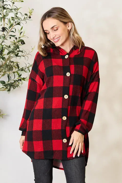  Full Size Plaid Button Front Hooded Shirt Trendsi